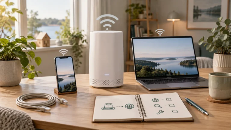 Illustration av router, mobil, dator, nätverkskabel och felsökningsbok på skrivbord.