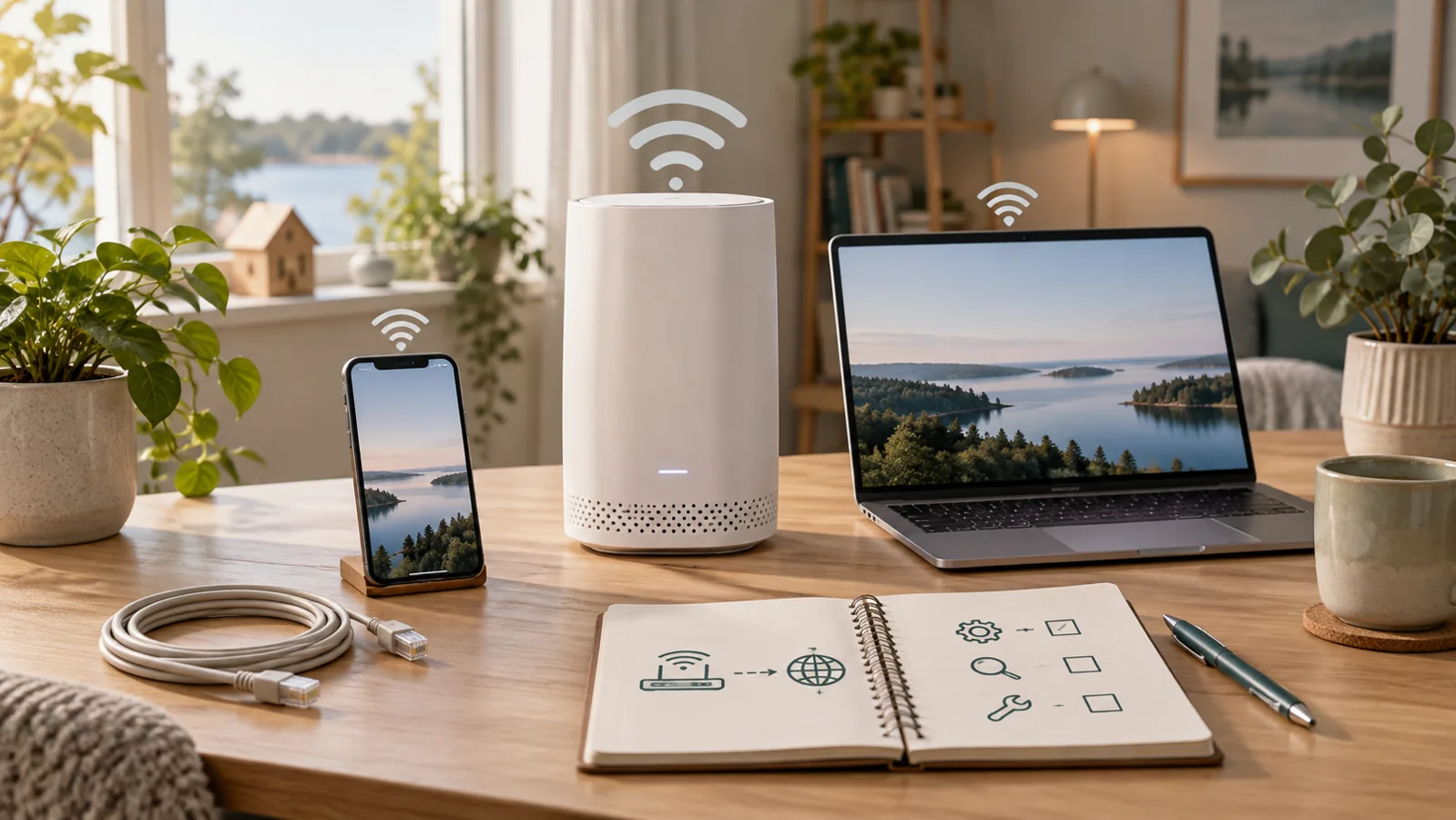 Illustration av router, mobil, dator, nätverkskabel och felsökningsbok på skrivbord.
