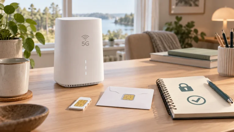 Illustration av router, SIM-bricka, kuvert och anteckningsbok med låssymbol.
