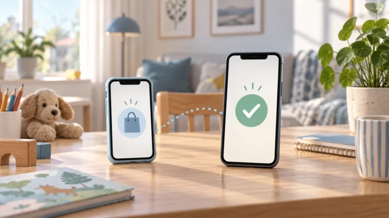 Illustration av två mobiler med en shoppingpåse och en godkännandebock på ett bord.