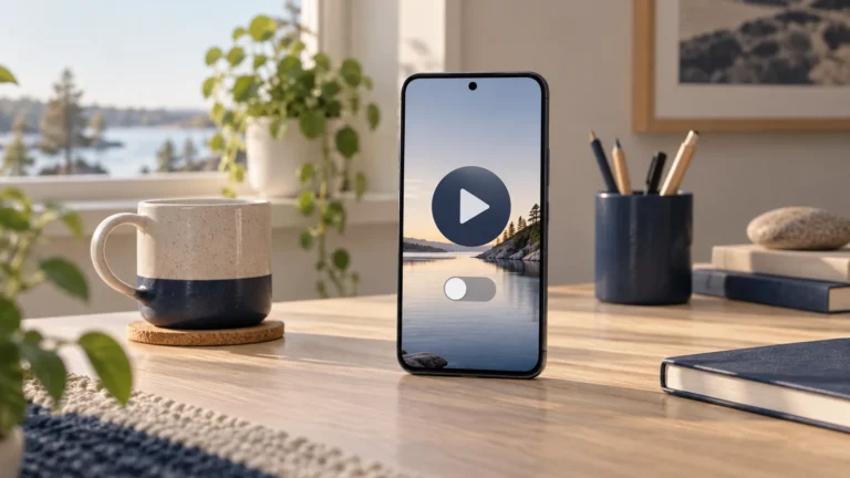 Illustration av en mobil med en videospelarsymbol och ett avstängt reglage på ett ljust skrivbord.