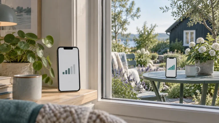 Illustration av två mobiler med signalsymboler, en vid ett fönster inomhus och en på ett trädgårdsbord utanför.