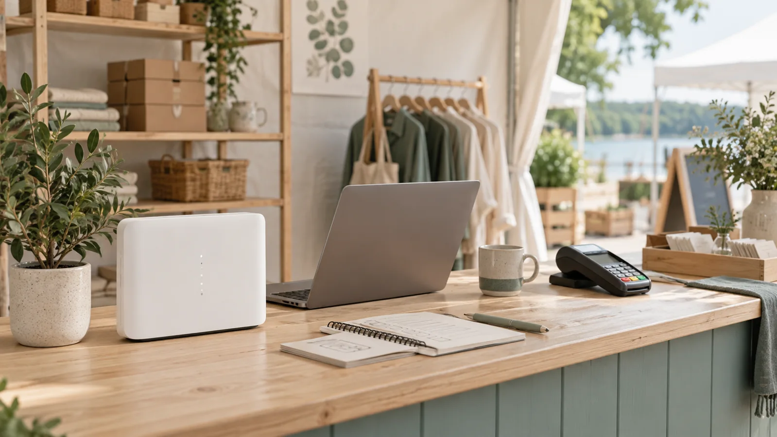 Illustration av router, dator och betalterminal på disk i en tillfällig butik.
