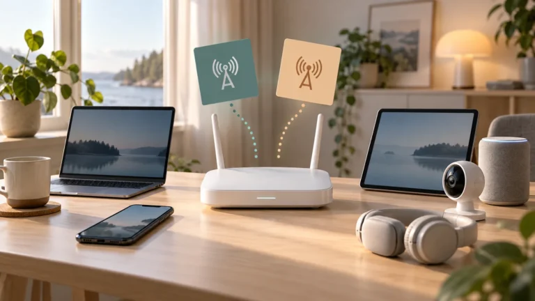 Illustration av router, två symbolkort och hemmets enheter inför återanslutning.