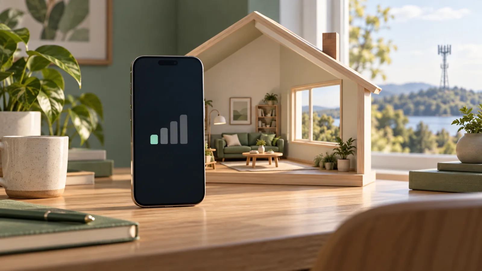 Illustration av en mobil med signalstaplar framför ett hus i miniatyr och en avlägsen mobilmast.