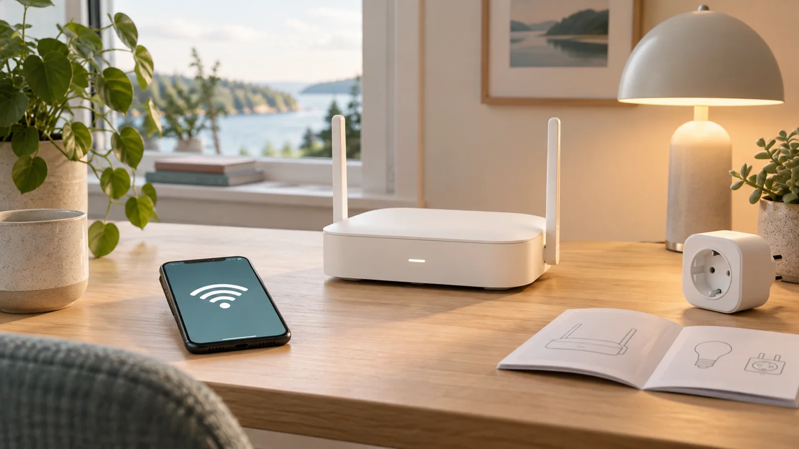 Illustration av router, smart lampa, smart kontakt, mobil och produktmanual.