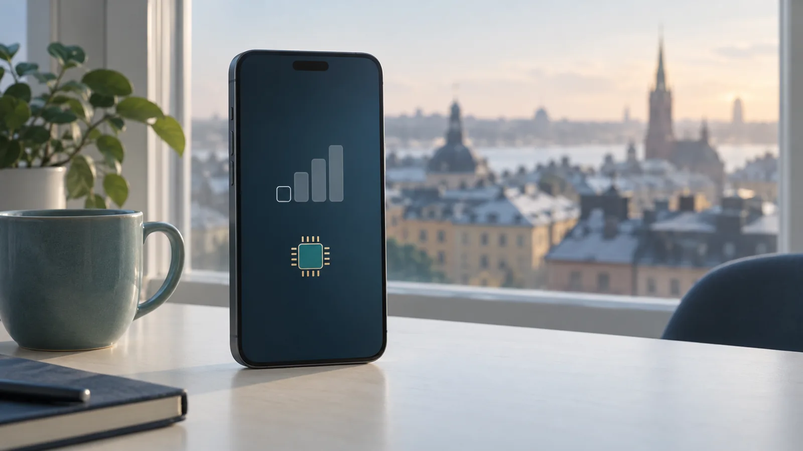 Illustration av en mobil med signalstaplar och en chipsymbol vid ett fönster med stadsutsikt.