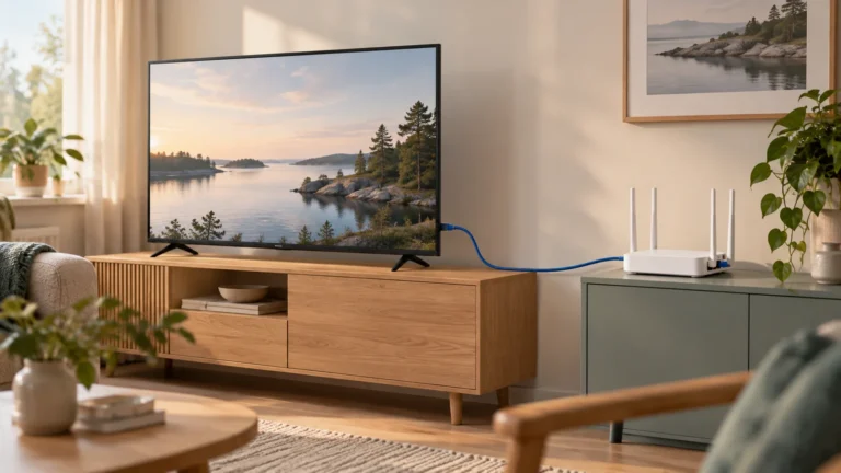 Illustration av TV med landskapsbild och router anslutna med blå nätverkskabel.