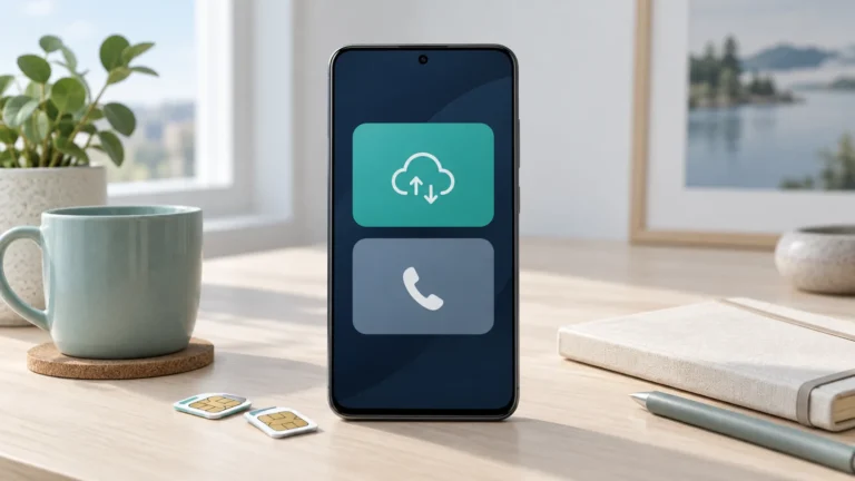 Illustration av en mobil med separata symboler för data och samtal samt två SIM-kort på ett skrivbord.