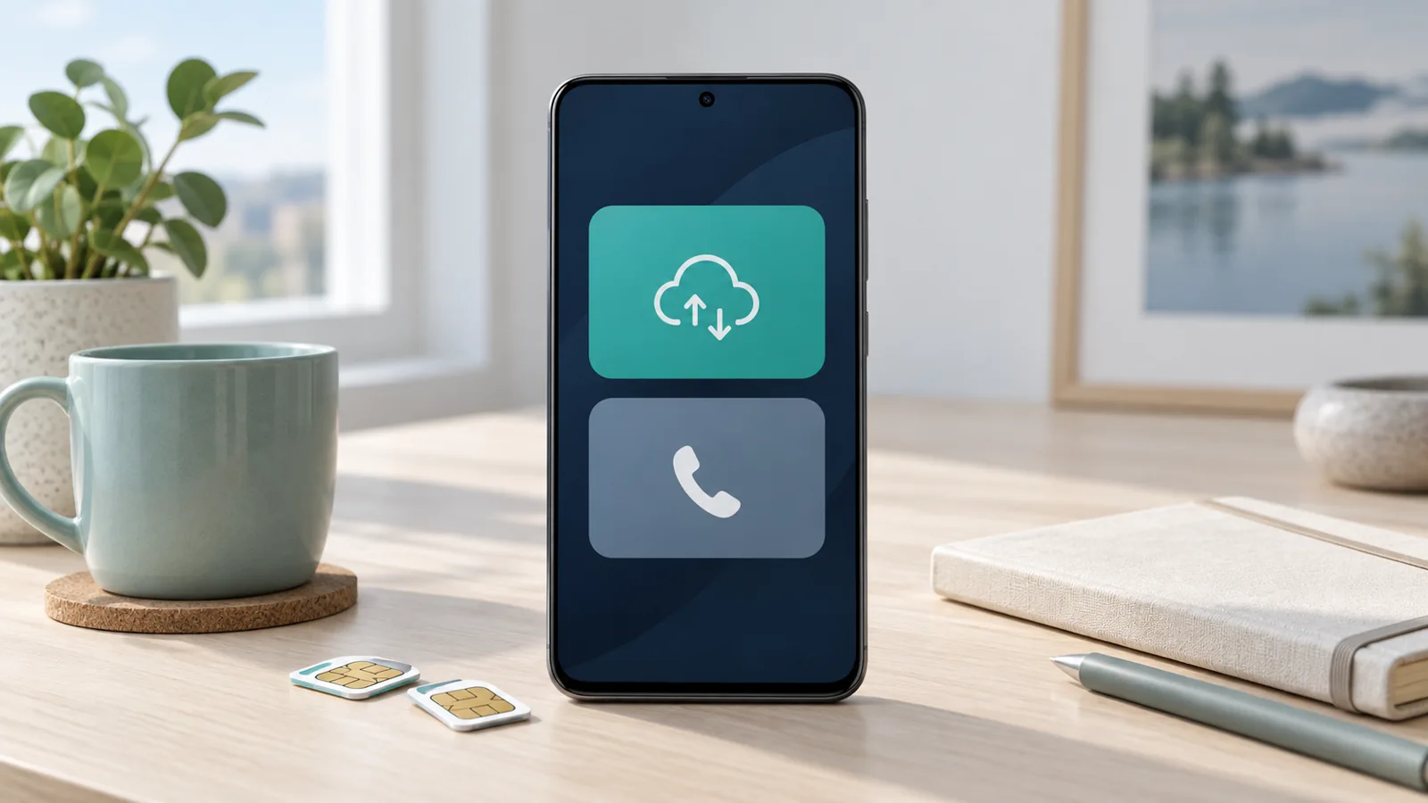 Illustration av en mobil med separata symboler för data och samtal samt två SIM-kort på ett skrivbord.