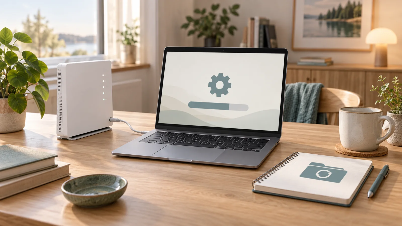Illustration av router och dator med uppdateringssymbol, nätverkskabel och backupanteckning.
