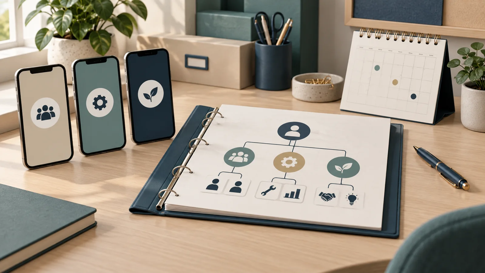 Illustration av tre mobiler, ansvarsmapp och kalender på ett kontorsbord.