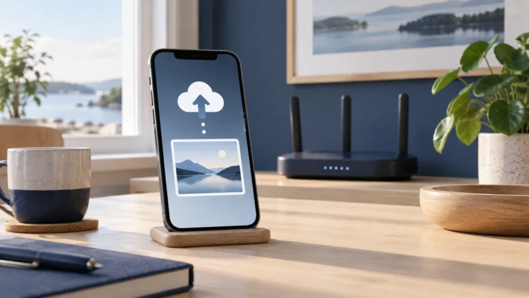 Illustration av en mobil med fotosymbol och molnpil på ett skrivbord med en trådlös router i bakgrunden.
