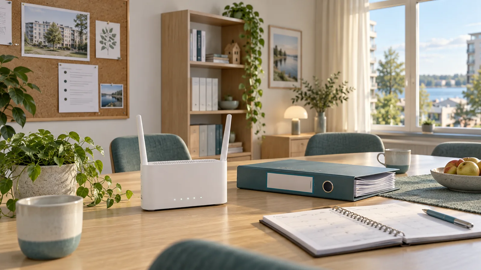 Illustration av router, föreningspärm och kalender i en möteslokal.