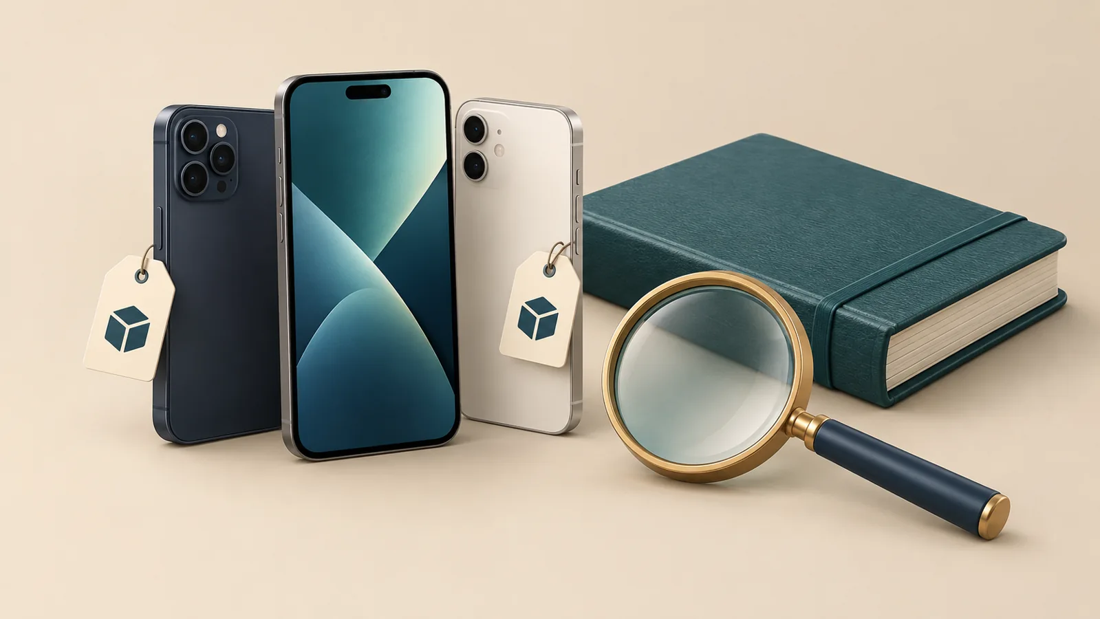 Illustration av tre mobiler, inventeringsetiketter, stängd utrustningsbok och förstoringsglas.