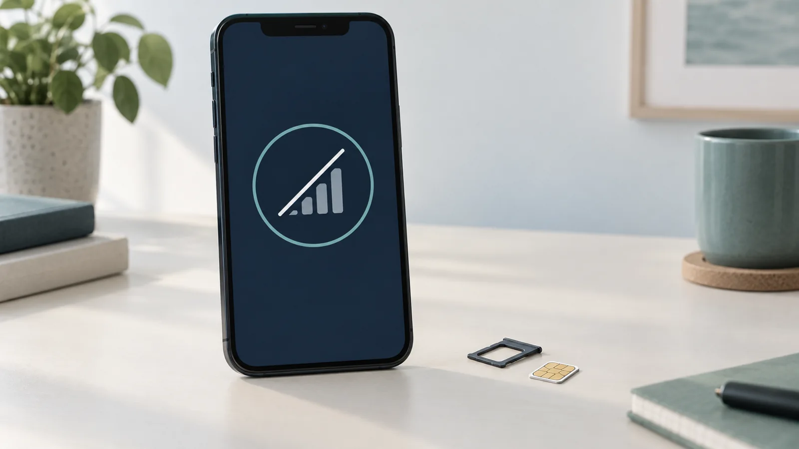 Illustration av en mobil med en överstruken signalsymbol bredvid ett SIM-kort och en SIM-hållare.