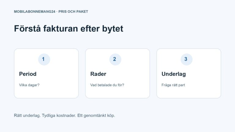 Förstå fakturan efter bytet: Period, Rader, Underlag. Redaktionell beslutsillustration.