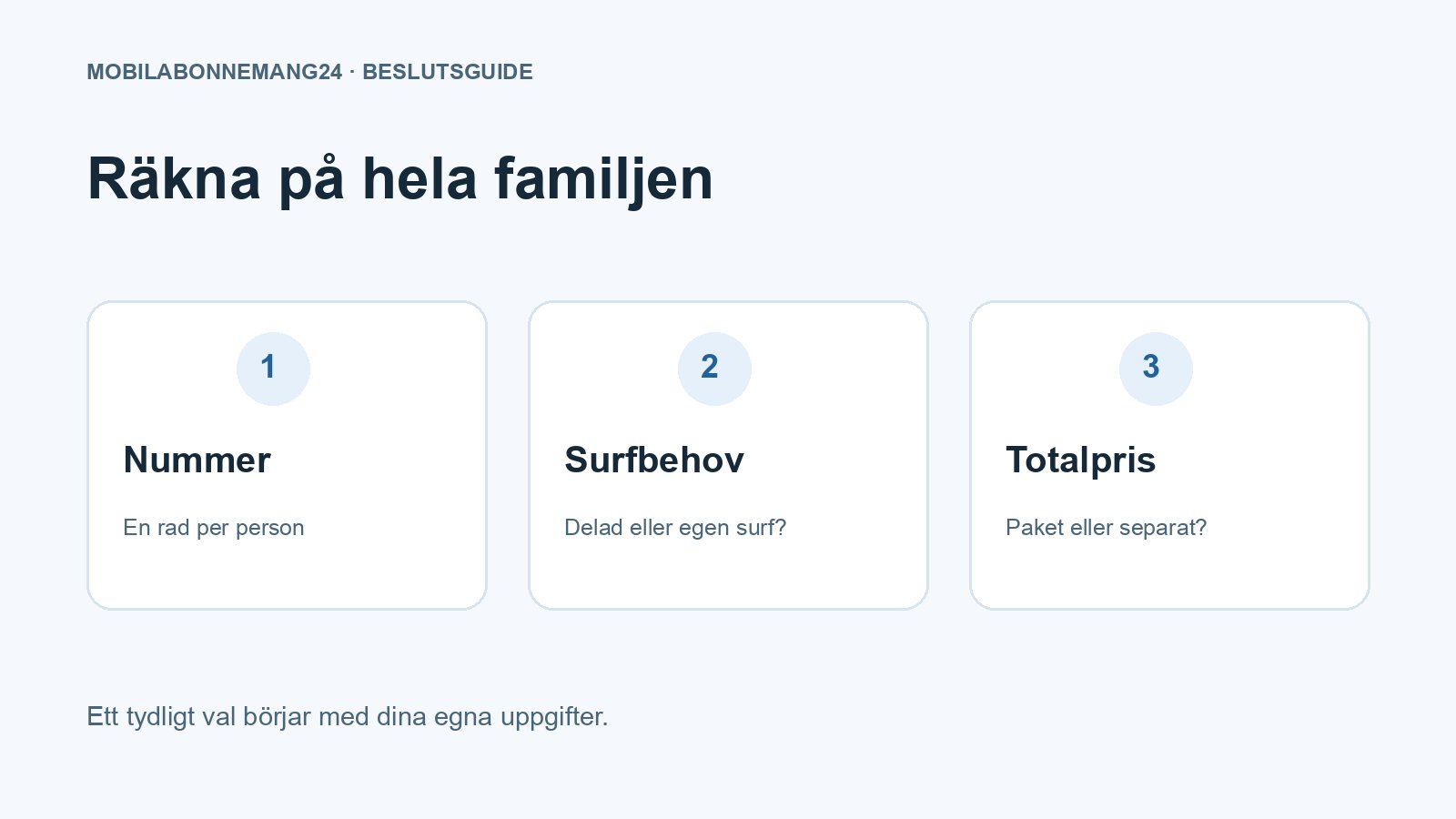Räkna på hela familjen: Nummer, Surfbehov, Totalpris. Redaktionell beslutsillustration.
