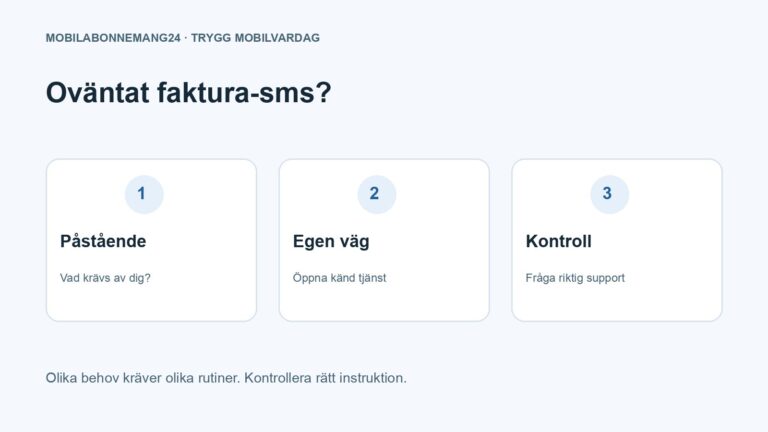 Oväntat faktura-sms?: Påstående, Egen väg, Kontroll. Redaktionell beslutsillustration.