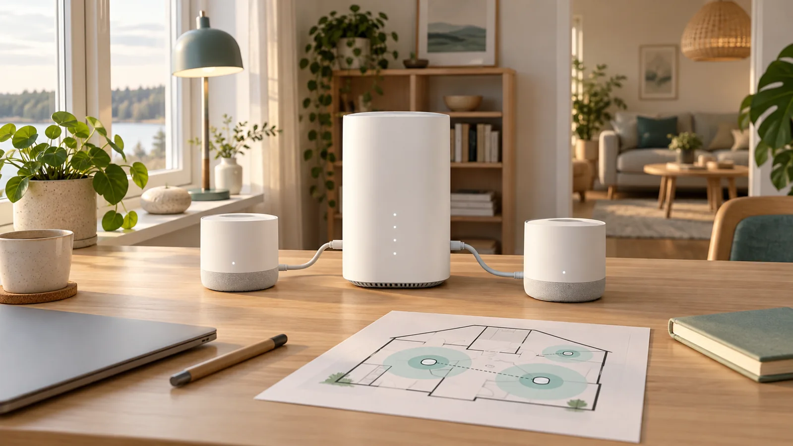 Illustration av 5G-router, två mesh-enheter, nätverkskabel och nätplan i hemkontor.