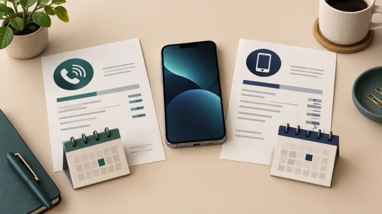 Illustration av mobil mellan två fakturablad med separata symboler för tjänst och telefon.