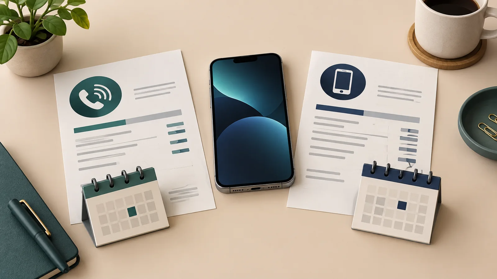 Illustration av mobil mellan två fakturablad med separata symboler för tjänst och telefon.