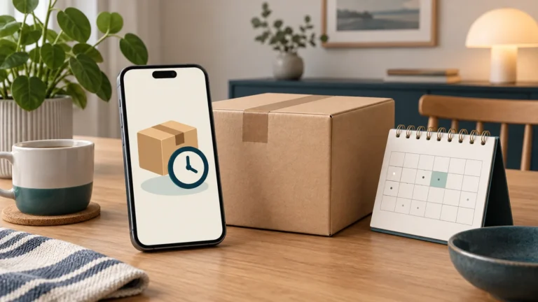 Illustration av mobil med paket- och klocksymbol bredvid ett leveranspaket och en kalender.