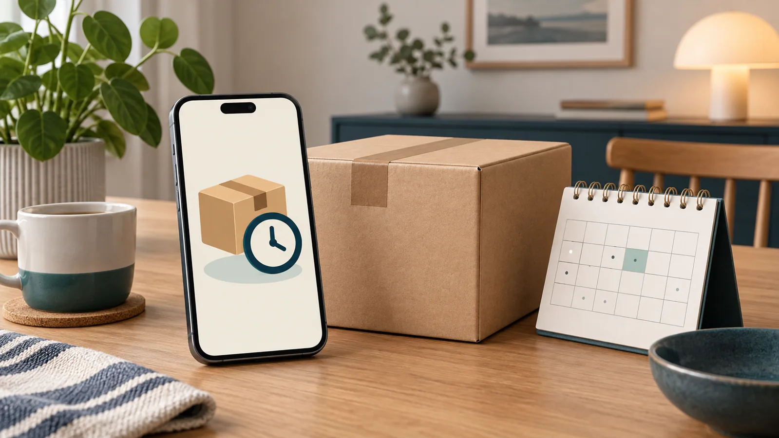 Illustration av mobil med paket- och klocksymbol bredvid ett leveranspaket och en kalender.