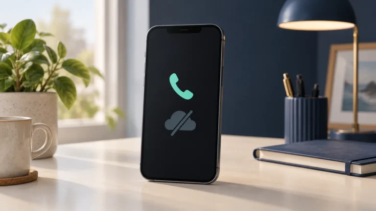Illustration av en mobil med en telefonsymbol och en överstruken molnsymbol på ett skrivbord.