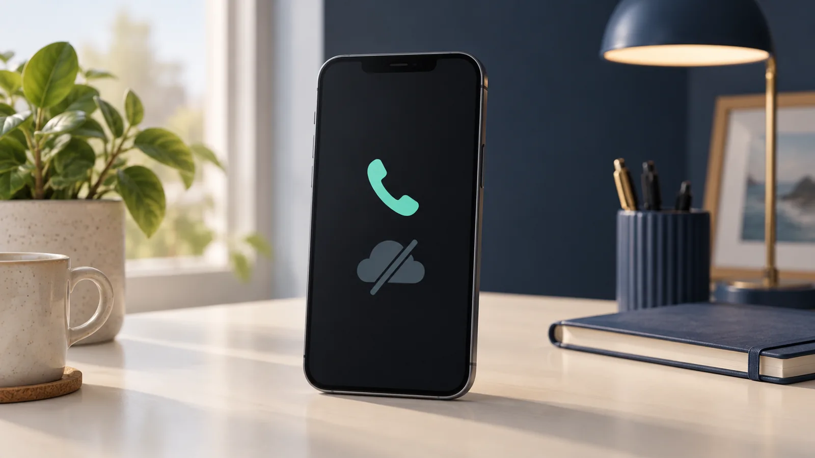 Illustration av en mobil med en telefonsymbol och en överstruken molnsymbol på ett skrivbord.