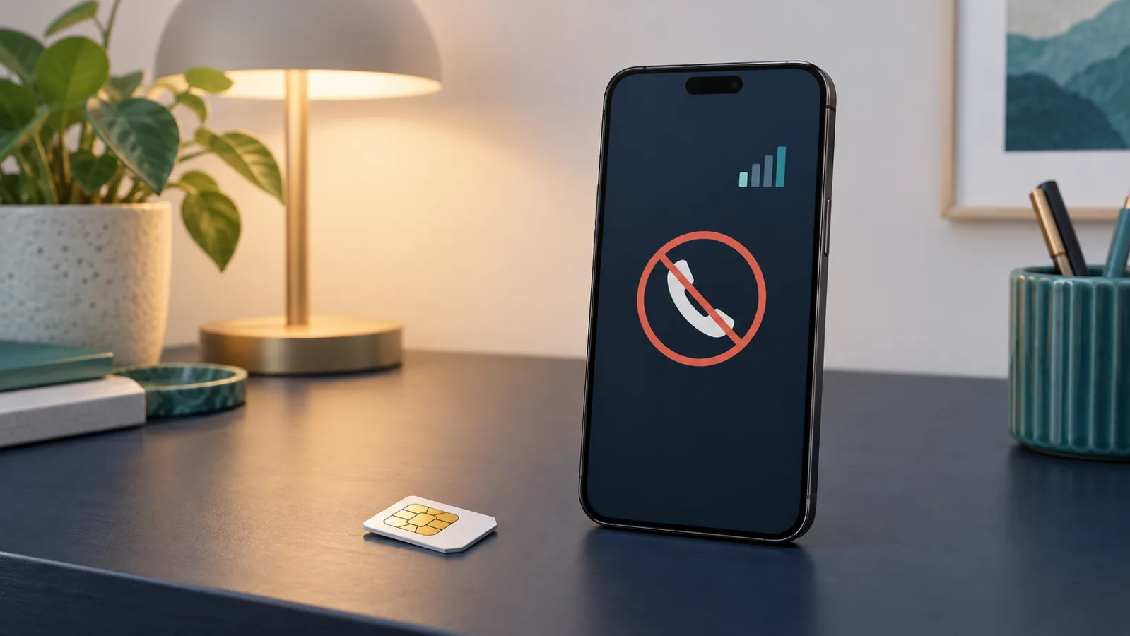 Illustration av en mobil med en överstruken telefonsymbol och ett SIM-kort på ett mörkblått skrivbord.
