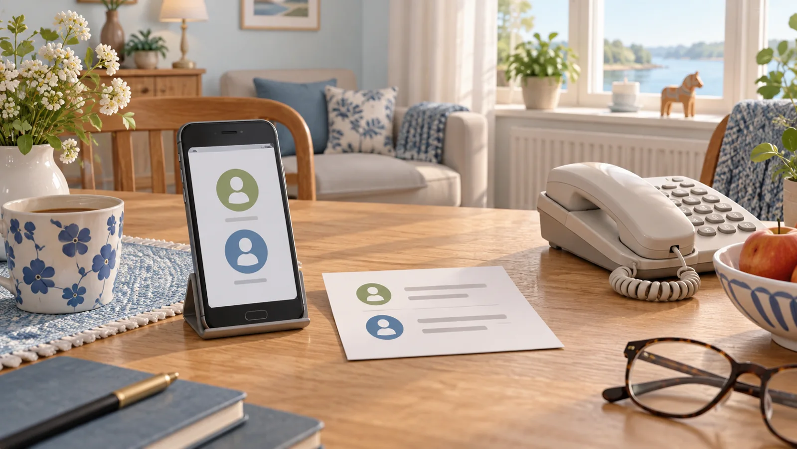 Illustration av en mobil med två kontaktsymboler, en kontaktlapp och en fast telefon på ett bord.