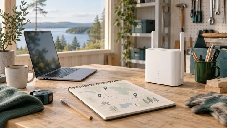 Illustration av dator, router, verktyg och anteckningsbok med arbetsplatsmarkörer i en verkstad.