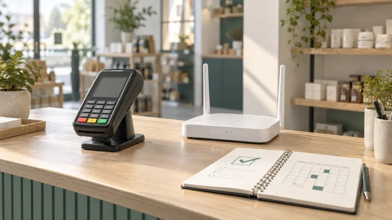 Illustration av betalterminal, router och anteckningsbok på en butikdisk.