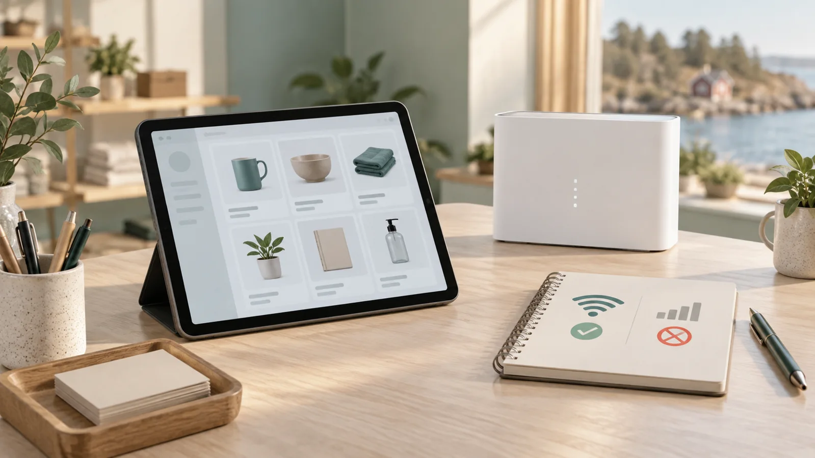 Illustration av kassasurfplatta, router och anteckningsbok med anslutningssymboler på butikdisk.