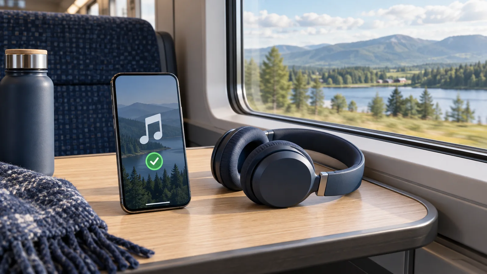 Illustration av en mobil med musiknot och bock bredvid hörlurar på ett bord vid ett tågfönster.