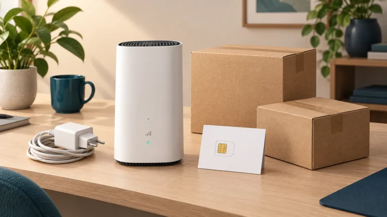 Illustration av en 5G-router, kartong och separat SIM-kuvert med hoprullad strömkabel.
