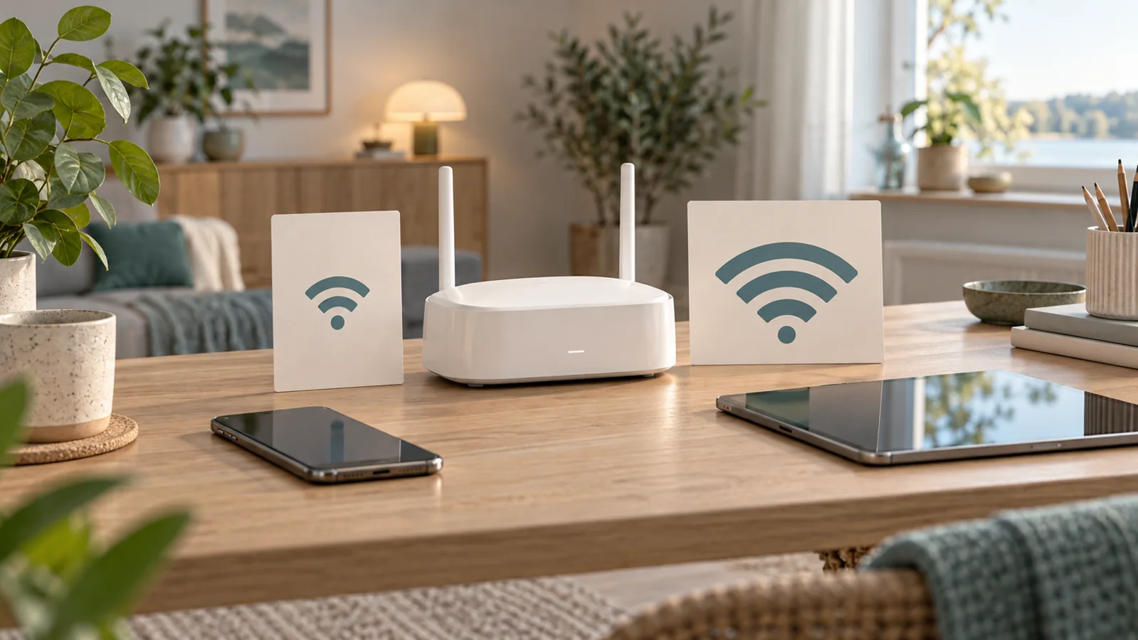 Illustration av router, två kort med vågsymboler, mobil och surfplatta i hemmiljö.