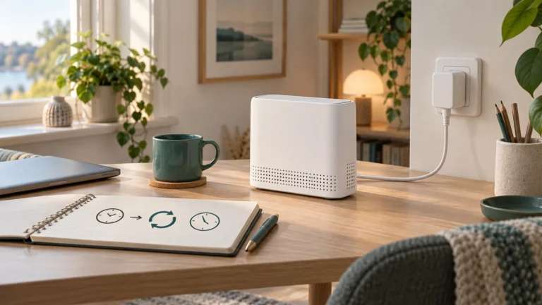 Illustration av router, strömadapter och anteckningsbok med klock- och omstartssymboler.
