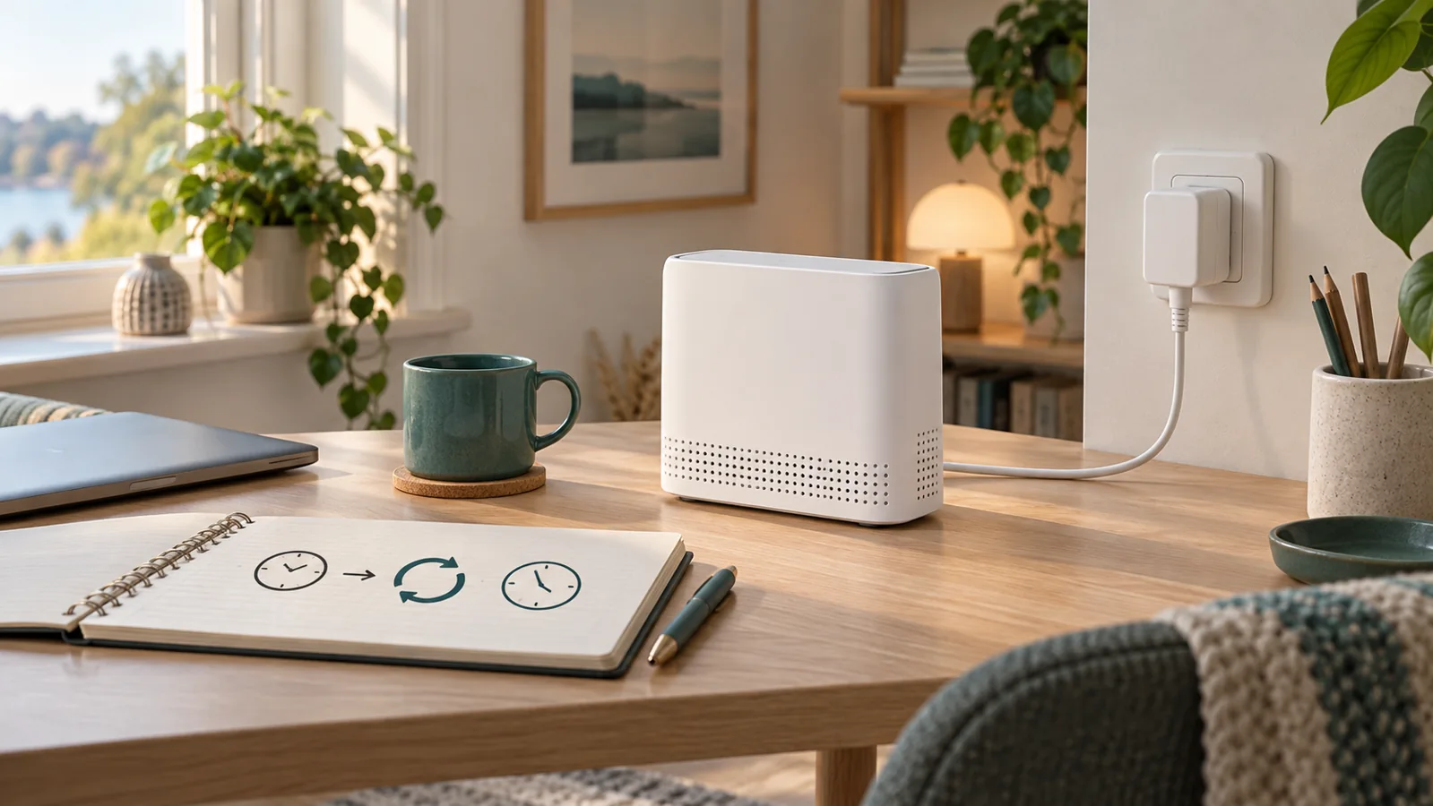 Illustration av router, strömadapter och anteckningsbok med klock- och omstartssymboler.