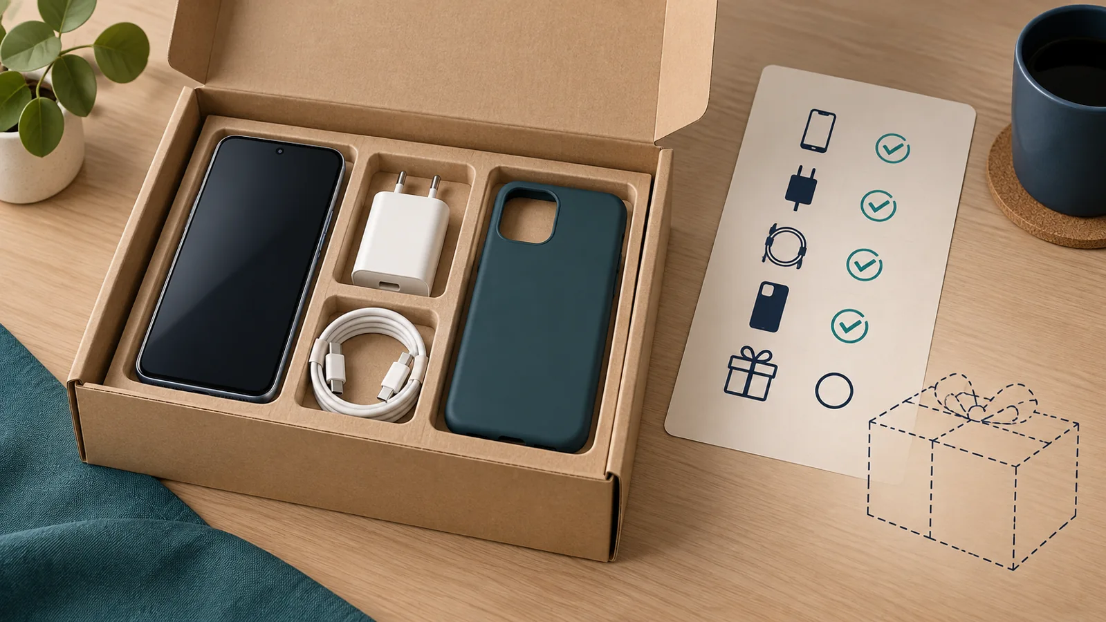Illustration av öppet mobilpaket med tillbehör och en gåvosymbol på en packlista.