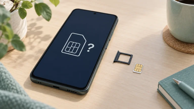 Illustration av en mobil med en SIM-symbol och ett frågetecken bredvid ett löst SIM-kort.