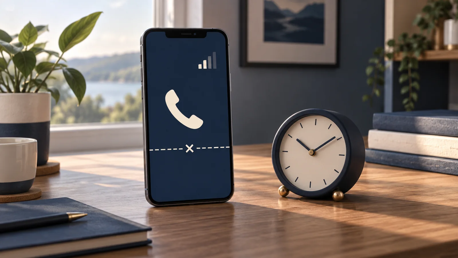 Illustration av en mobil med en telefonsymbol, signalsymbol och en liten klocka på ett skrivbord.