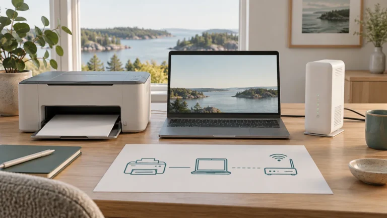 Illustration av skrivare, dator och router med enkel lokal nätverkskiss.