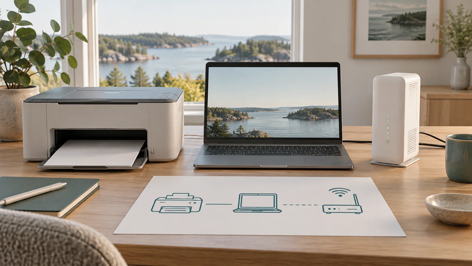 Illustration av skrivare, dator och router med enkel lokal nätverkskiss.