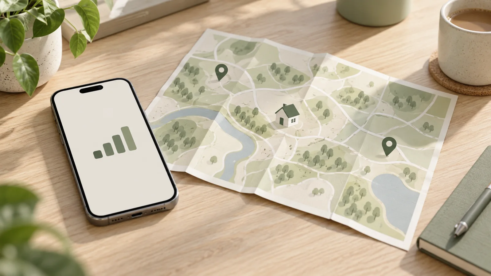 Illustration av en mobil med signalsymbol bredvid en abstrakt karta med platsmarkörer och ett hus.