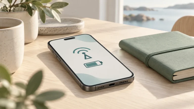 Illustration av en mobil med trådlösa bågar och en batterisymbol på ett bord.