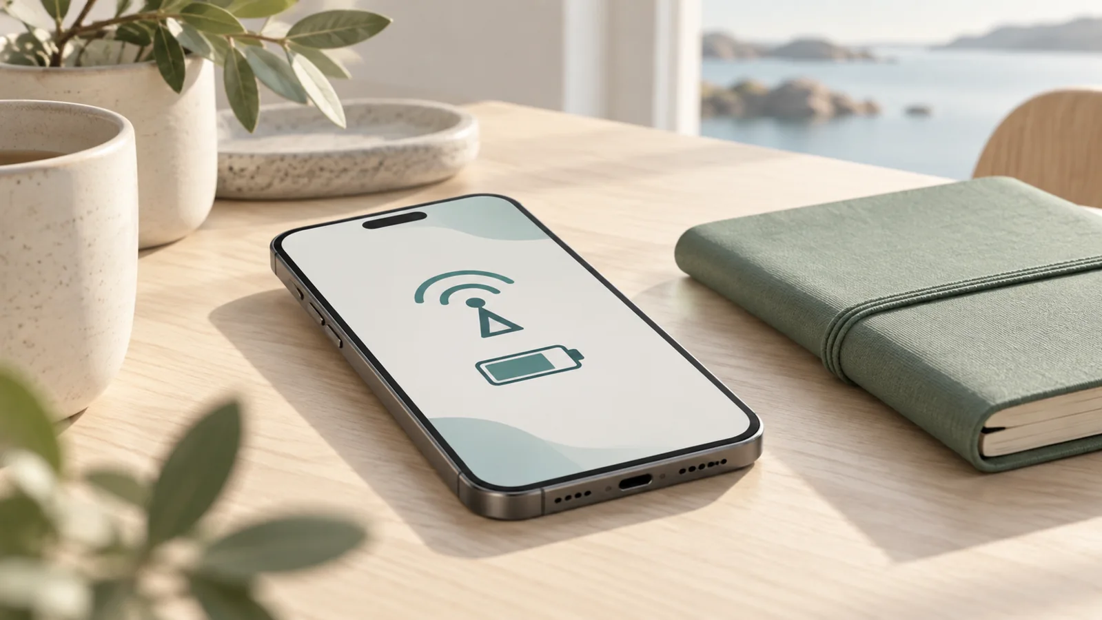 Illustration av en mobil med trådlösa bågar och en batterisymbol på ett bord.