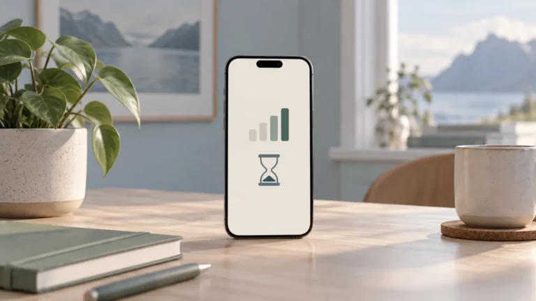 Illustration av en mobil med signalsymbol och ett timglas på ett skrivbord.