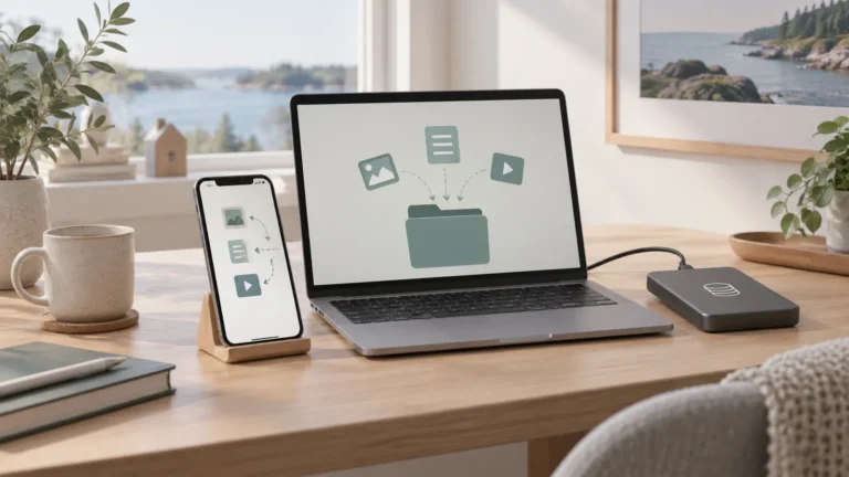 Illustration av mobil med lagringsdiagram bredvid ett anteckningsblock och kabel.